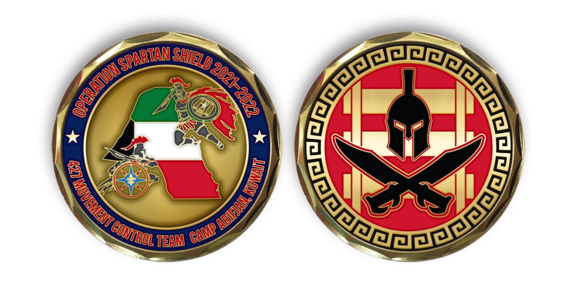 Front and reverse sides of custom challenge coins made by ChallengeCoins4Less.com for 427th Movement Control Team