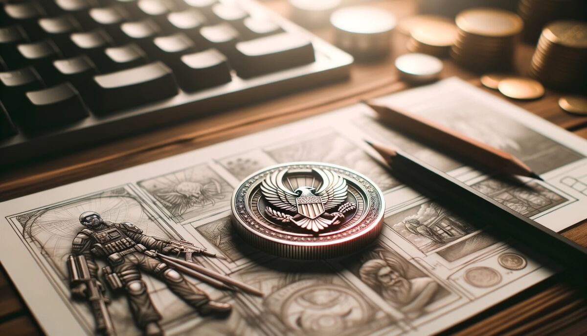 close up view of a custom designed challenge coin sitting on a desk