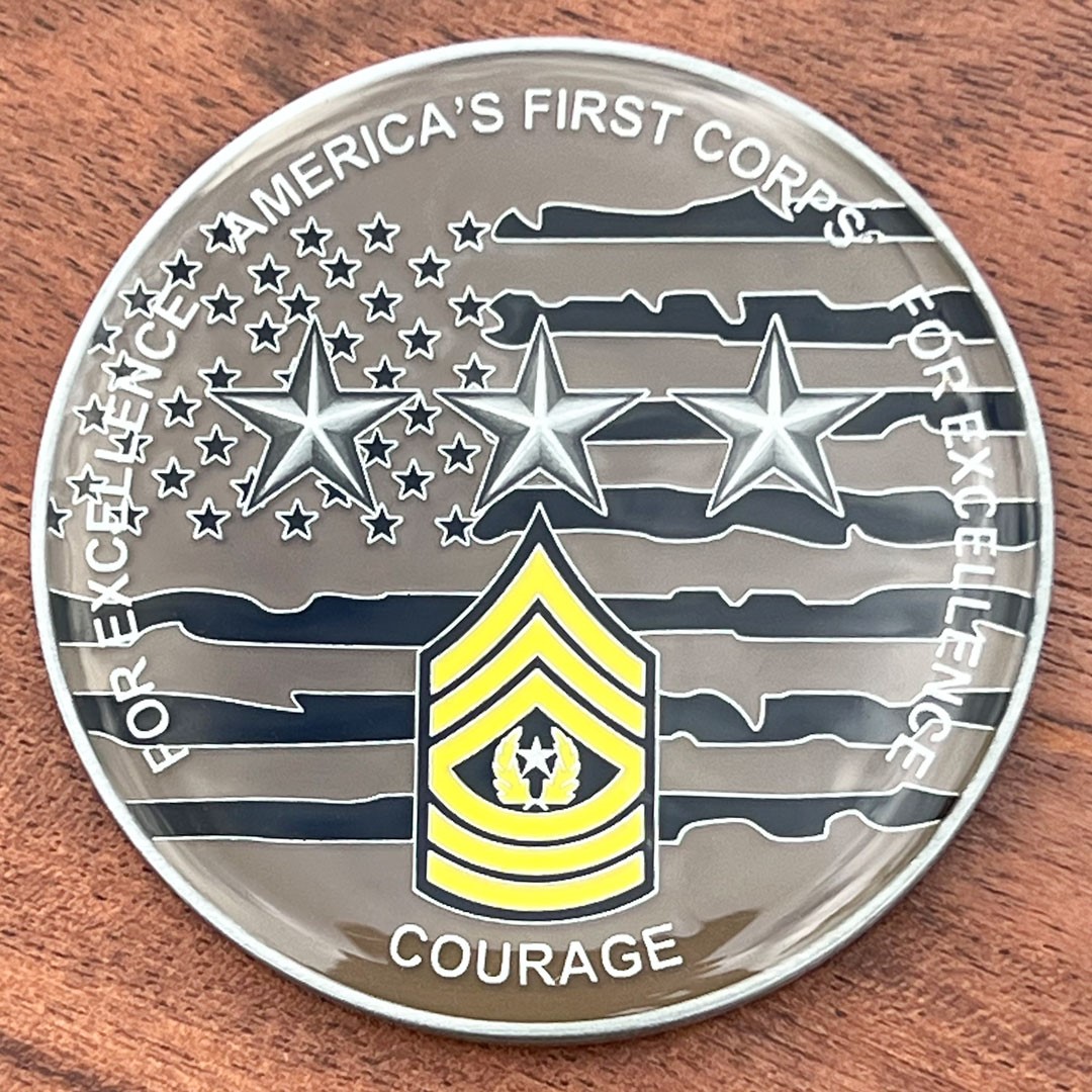 Challenge Coin, round with transparent enamel finish,  for US Army First Corps. 