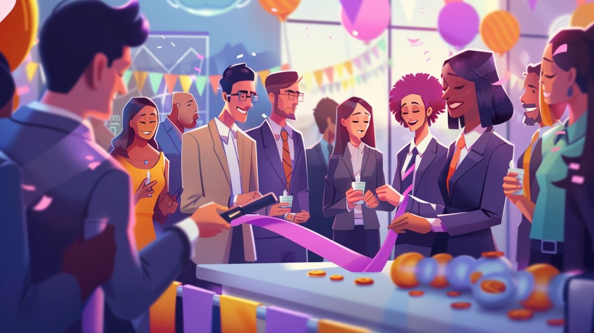 A lively business networking event where attendees are engaged in animated conversations. In the foreground, a businesswoman in a grey suit exchanges challenge coins, symbolizing camaraderie and accomplishment, with a smiling colleague. The scene is festive with balloons, colorful lighting, and a joyful crowd of professional men and women in business attire