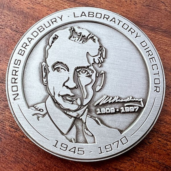 Round coin commemorating Norris Bradbury, Laboratory Director