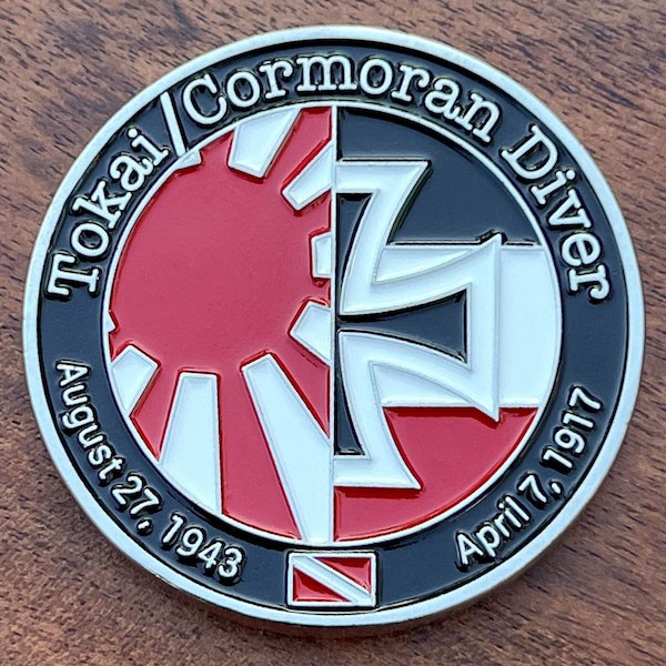 Round challenge coin commemorating Tokai Maru and SMS Cormoran II wreck divers in Guam