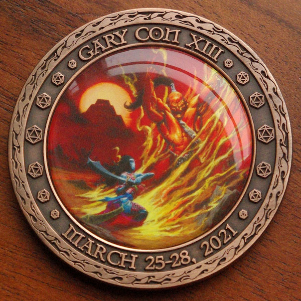 Round copper challenge coin representing Gary Con XIII. 