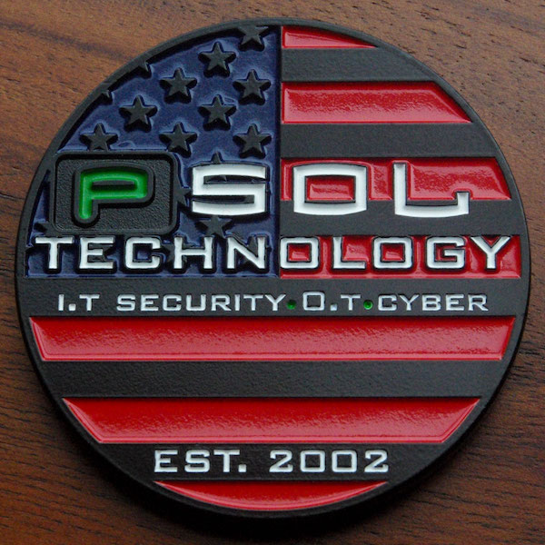 Black dyed metal challenge coin representing PSOL Technology