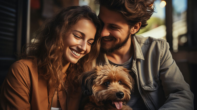 photo of smiling couple with dog.