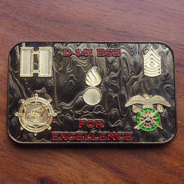 Rectangular custom challenge coin belonging to the Army's 141st Brigade Support Battalion. 