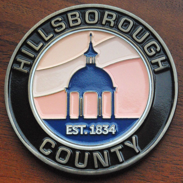 Round challenge coin representing Hillsborough County, Florida. 