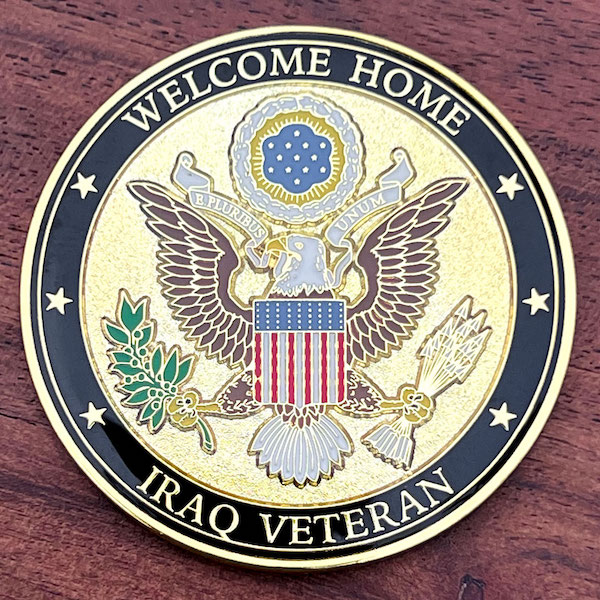Round challenge coin honoring an Iraq war veteran. 