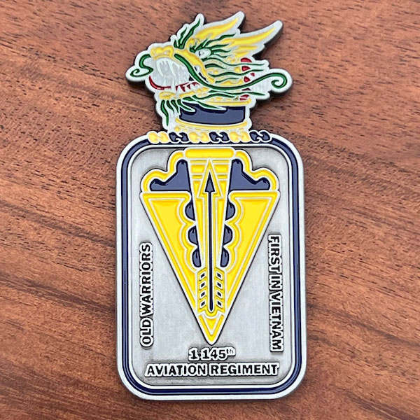 Custom shaped military challenge coin for the 1145th Aviation Regiment. 