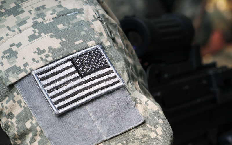 subdued color American flag patch on right shoulder of military uniform