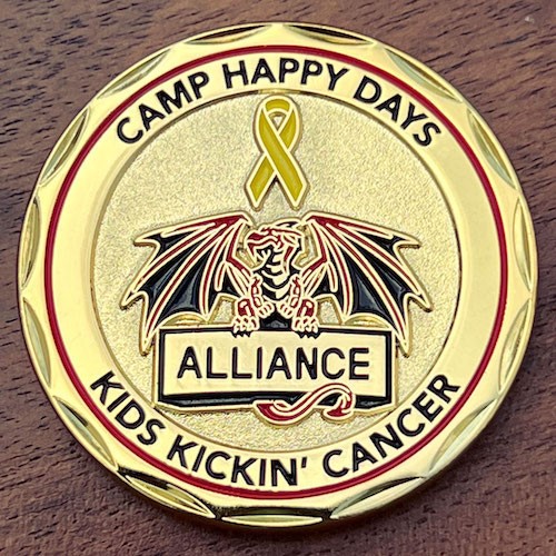 Polished gold challenge coin for Camp Happy Days.