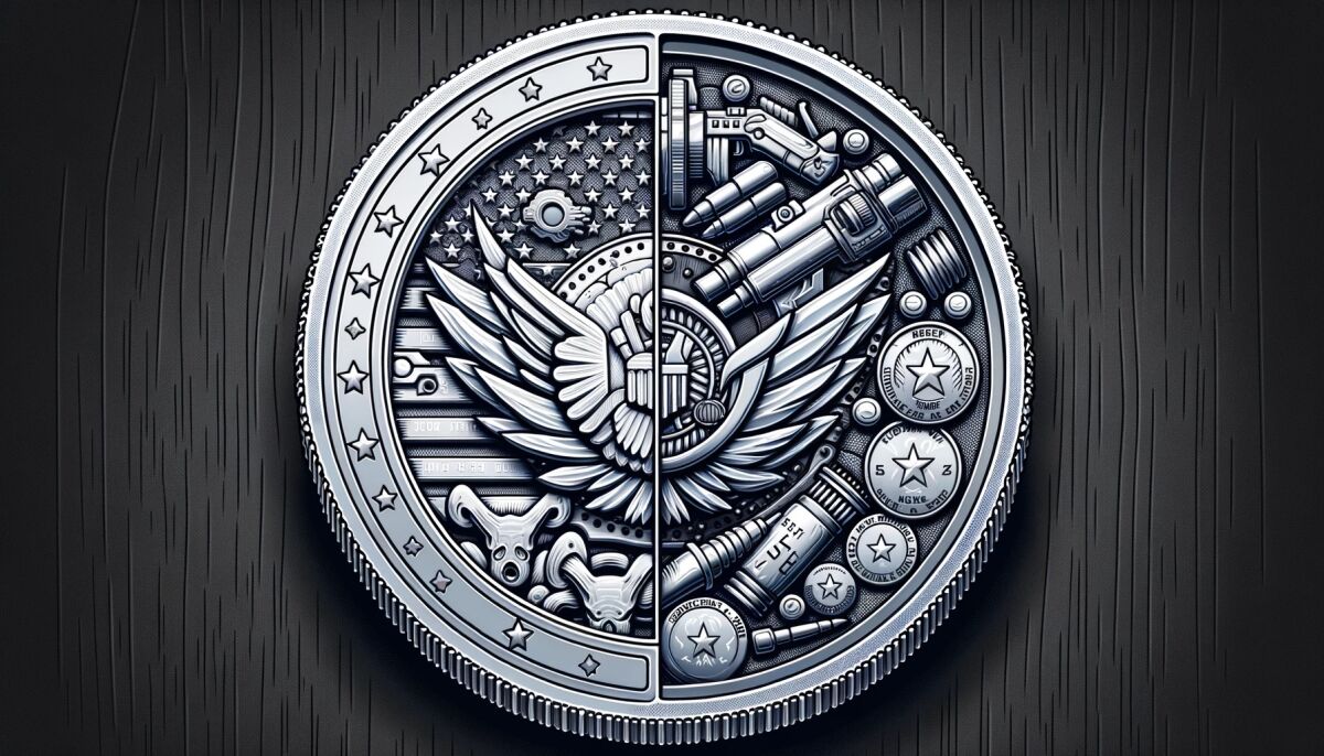 Illustration of a split view of a challenge coin one half showcasing the raw metal