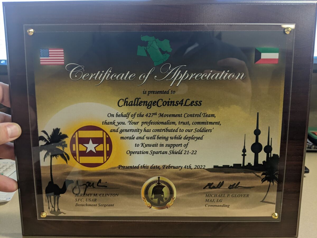Plaque presented to ChallengeCoins4Less.com from the 427th Movement Control Team