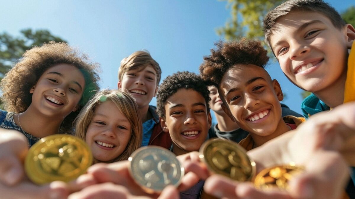 A group of diverse children smiling and extending their hands forward to display various challenge coins under bright sunlight. The children, including a mix of girls and boys with different hair textures and skin tones, exude a sense of joy and accomplishment in an outdoor setting.