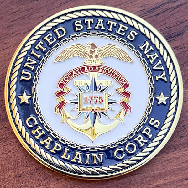 Round U.S. Navy Chaplain Corps military challenge coin. 