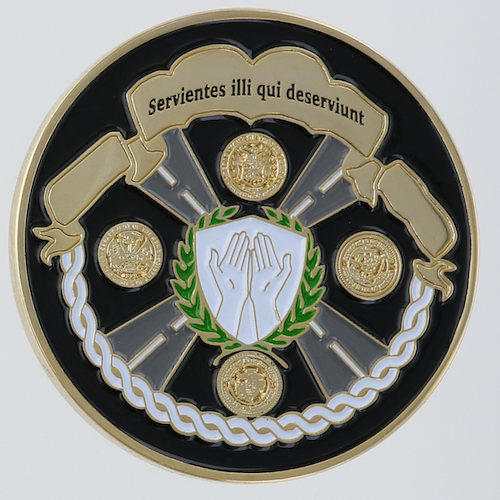 Reverse side of a challenge coin belonging to the Air Force Chaplain Corps. 