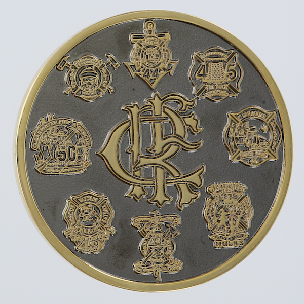 Coin with dark background, "CFR" in the center, surrounded by logos of eight fire stations
