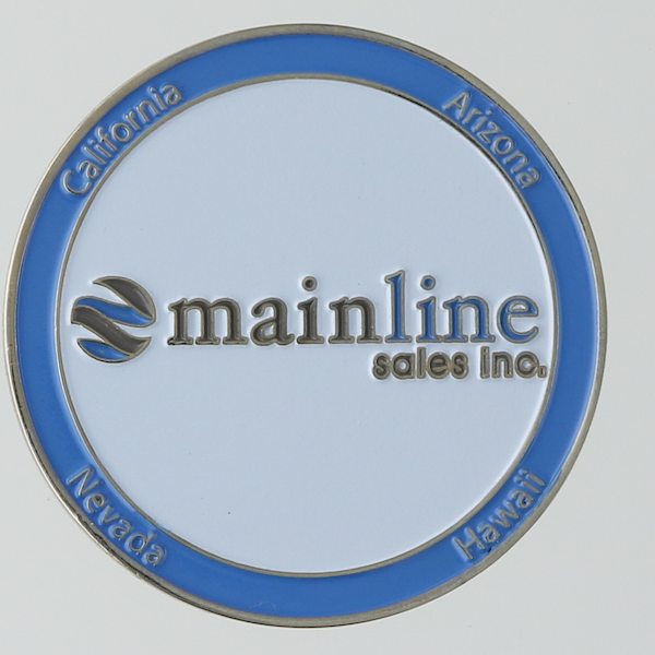 Round coin with Mainline Sales Inc. logo on white background, surrounded by blue border