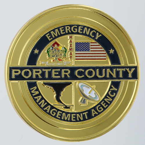 Front of round gold-plated challenge coin ordered by Porter County Indiana Emergency Management Agency