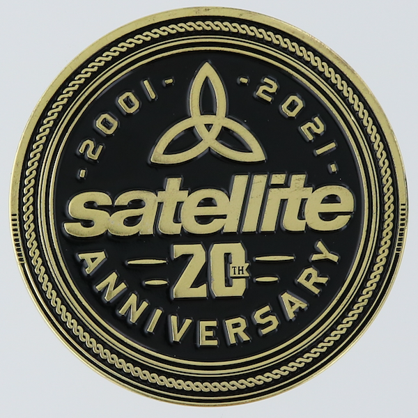 Reverse side of a round gold challenge coin for the 20th anniversary of P.O.D.'s album Satellite.