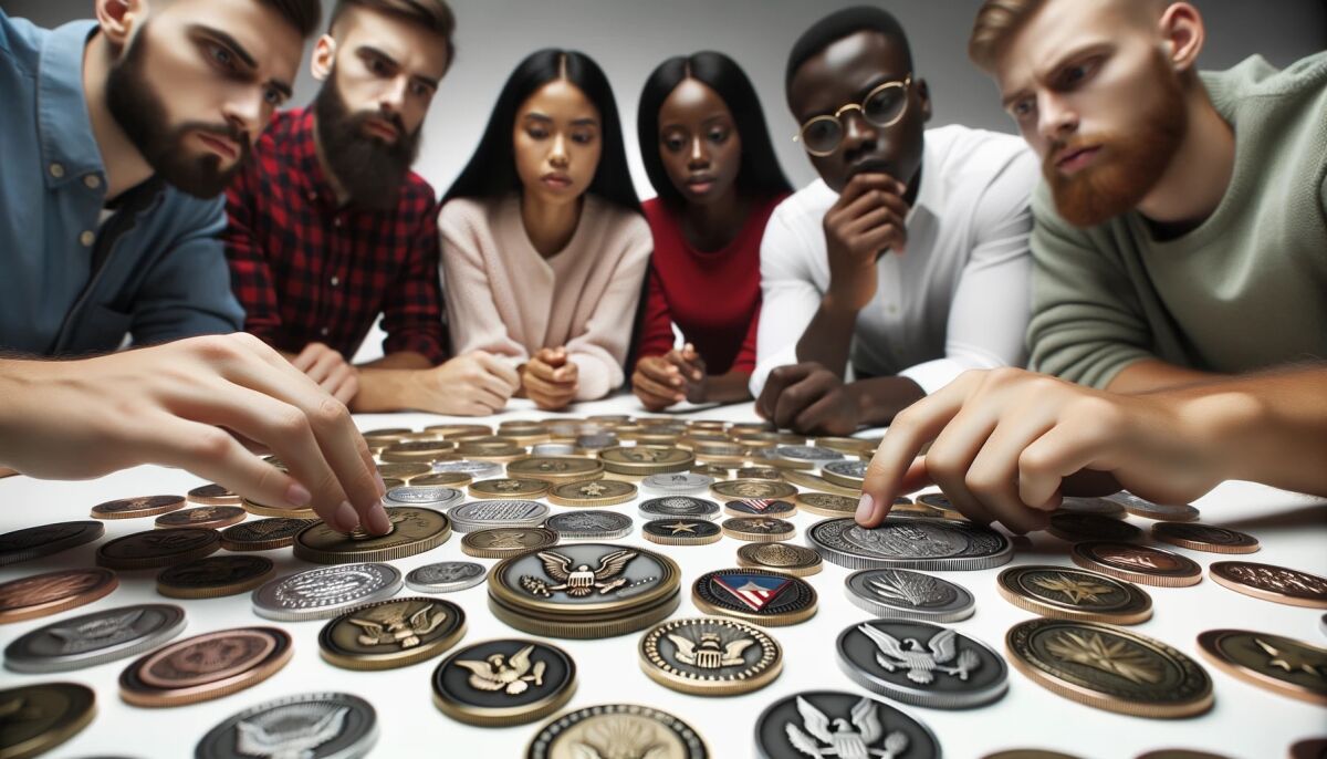 people examining and discussing various challenge coin designs on a large table