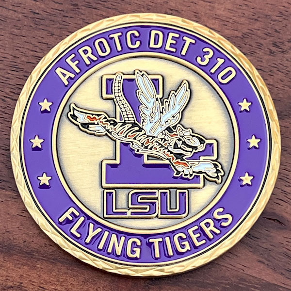Round gold challenge coin for the Louisiana State University Flying Tigers Air Force Reserve Officer Training Corps Detachment 310. 