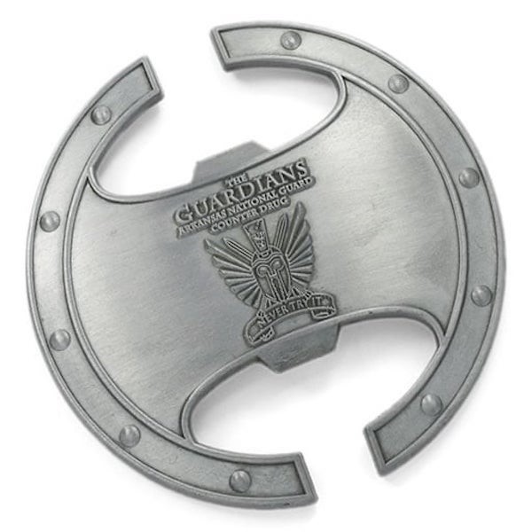 Antique silver finish custom challenge coin with cutouts at top and bottom. Arkansas Nat'l Guard logo at center