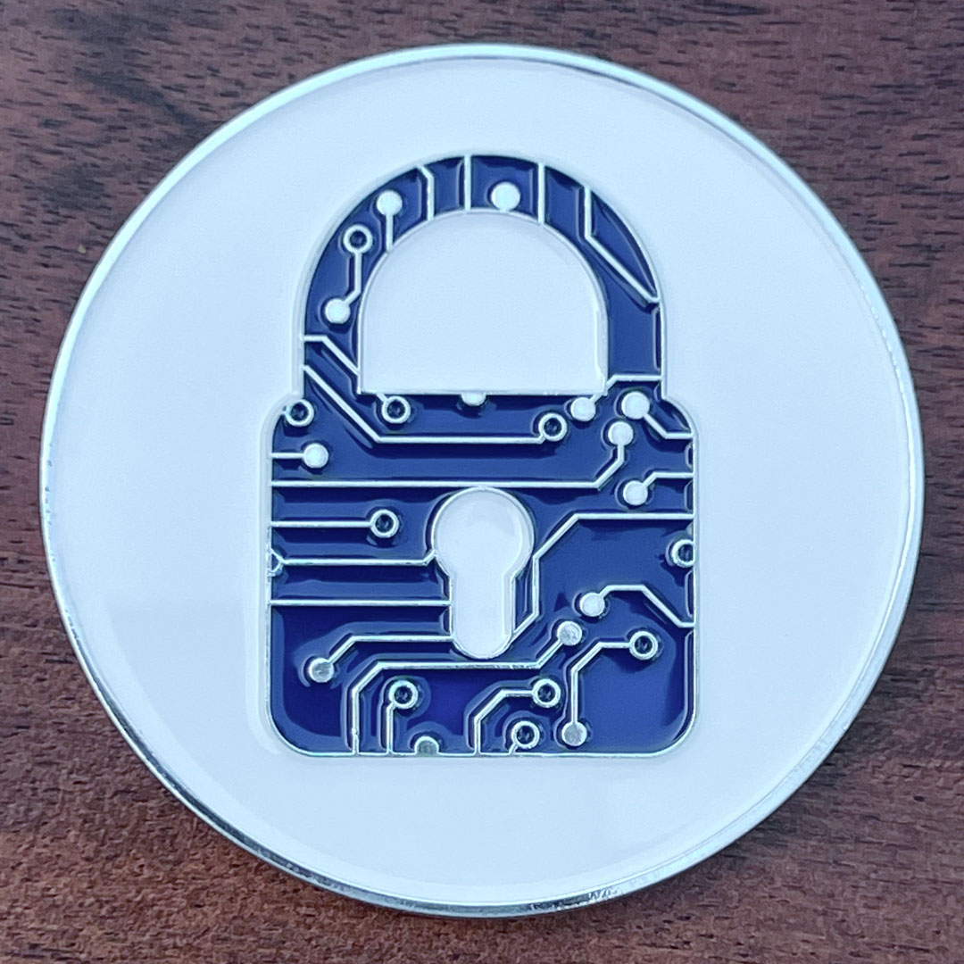 round coin with blue padlock marked with circuit traces centered on white background