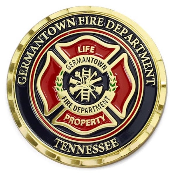 Round gold challenge coin representing the Germantown, Tennessee Fire Department.