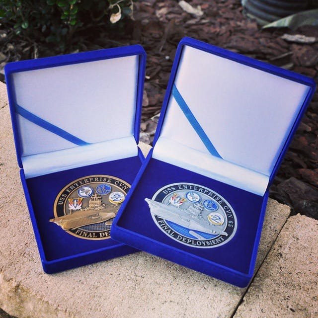 Two USS Enterprise Final Deployment Coins in presentation boxes