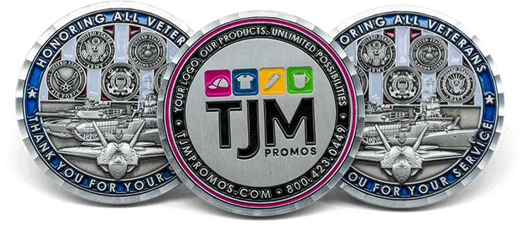 Three round challenge coins. TJM Promos logo coin in center, flanked by two Honoring All Veterans coins